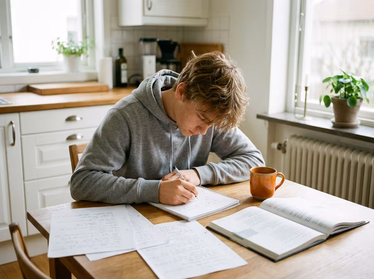 En tonåring skriver en argumenterande text vid köksbordet med anteckningar utspridda