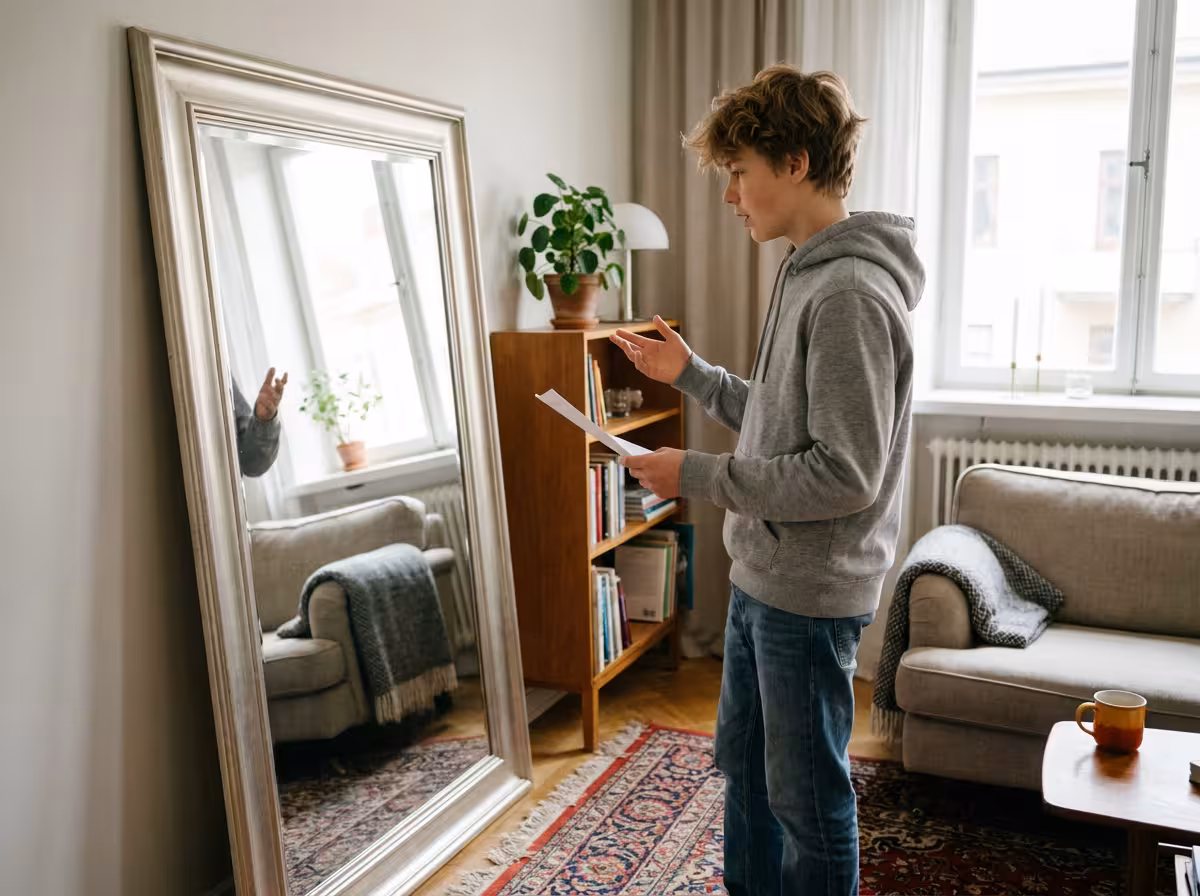 Ung person övar på ett hyllningstal framför en spegel hemma i vardagsrummet