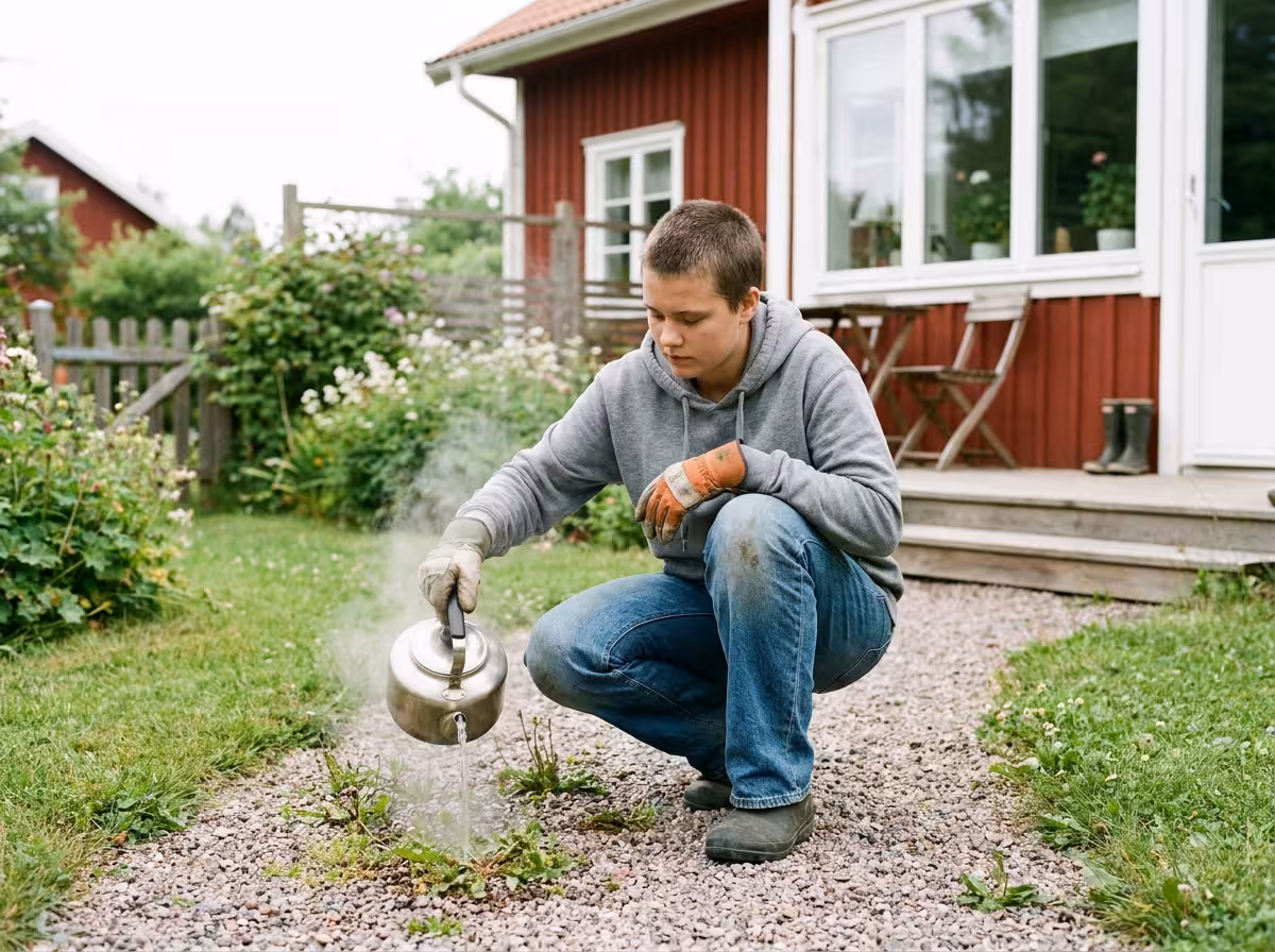 En tonåring häller kokande vatten på ogräs i en grusgång framför ett hus en sommardag