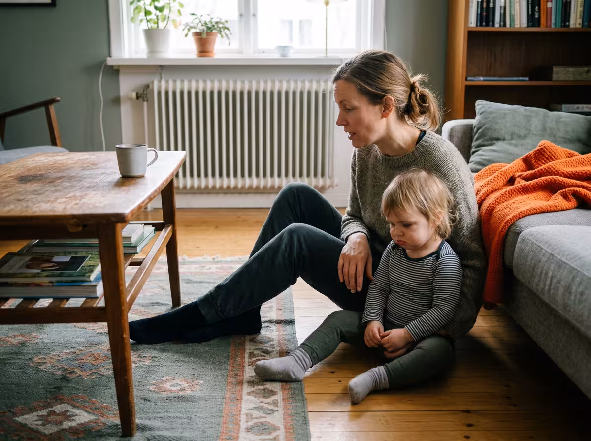 Vuxen sitter på golvet bredvid ett arg barn och pratar lugnt