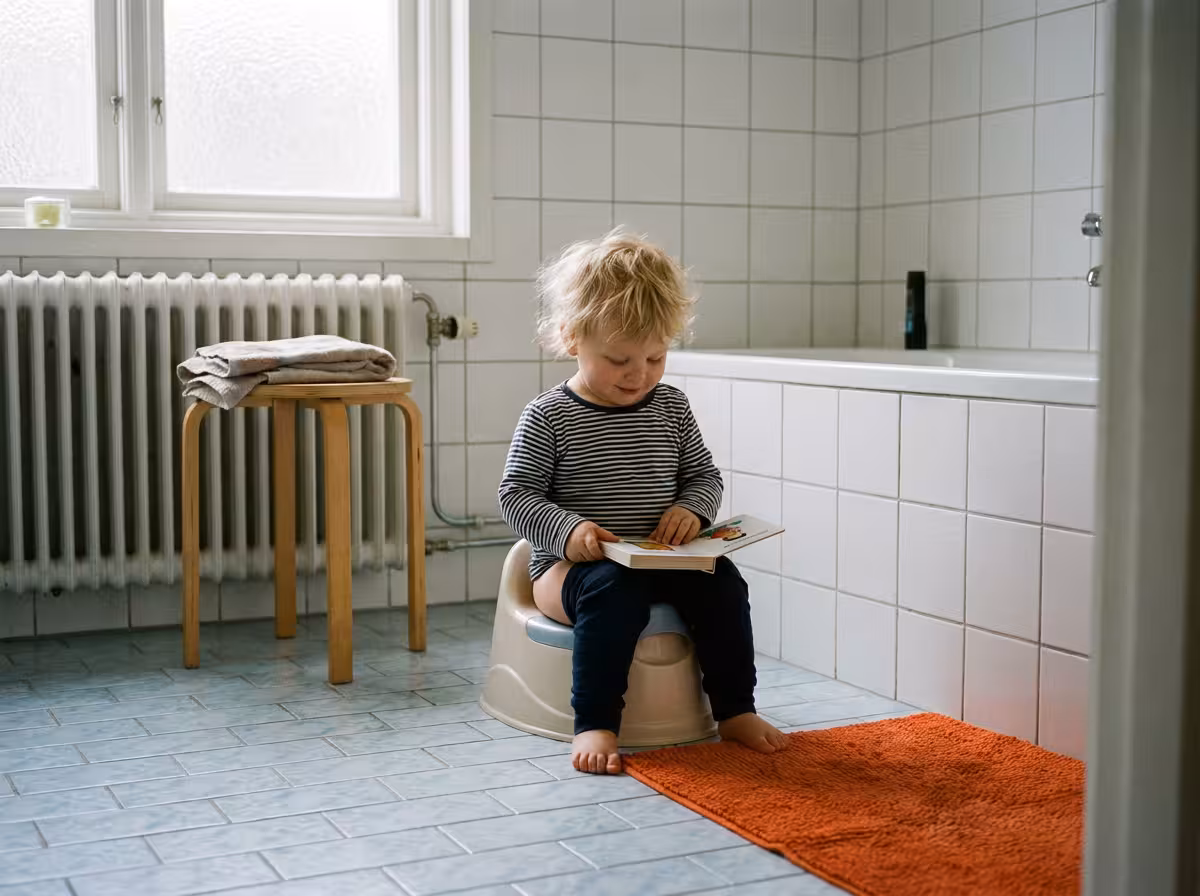 Litet barn sitter på en potta i badrummet hemma