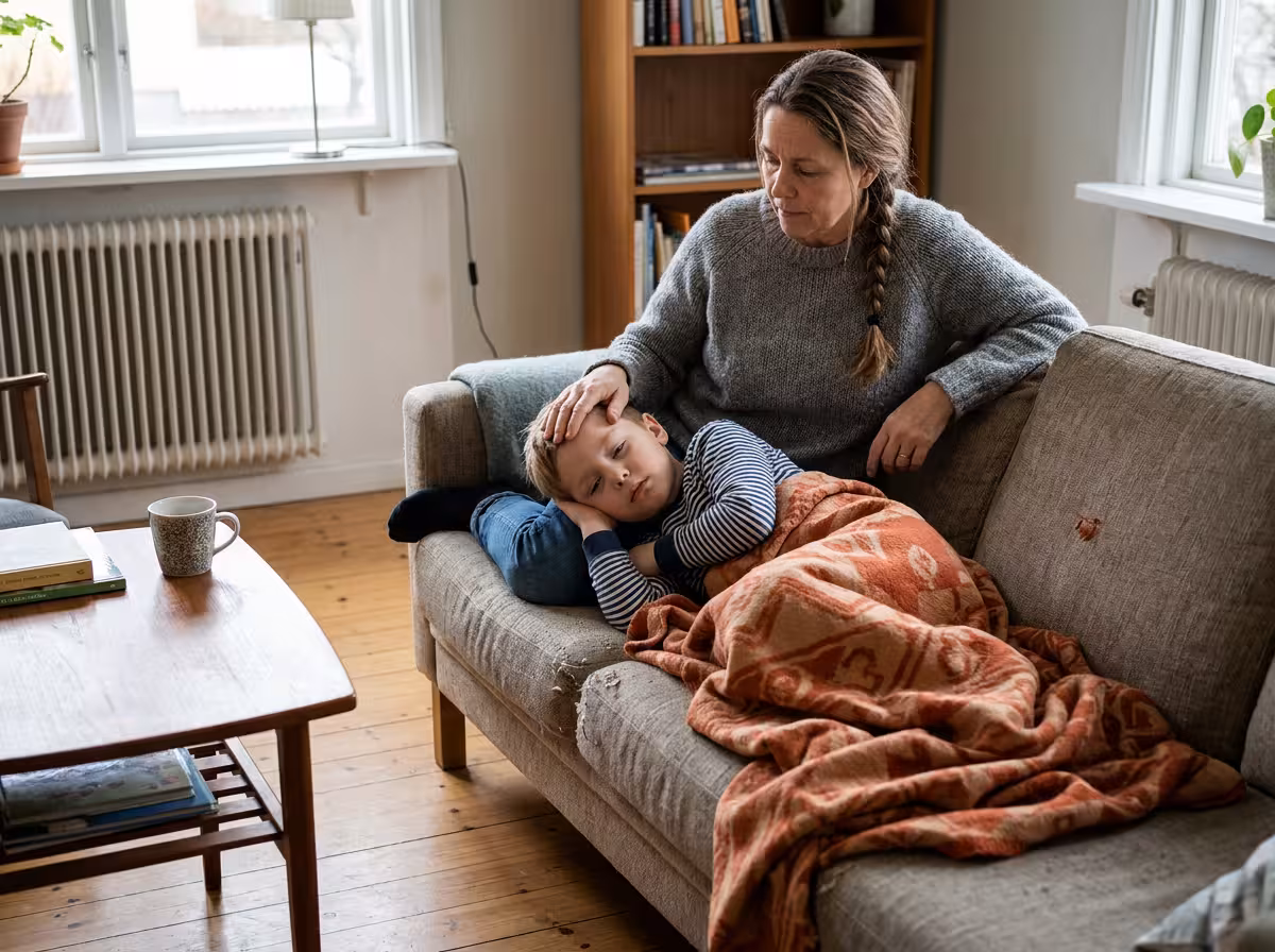 Förälder känner på pannan hos ett febrigt barn som ligger hemma i soffan