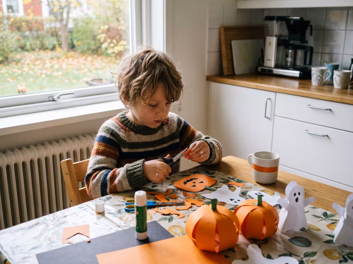 Barn pysslar med papperspumpor och spökfigurer runt ett köksbord inför halloween