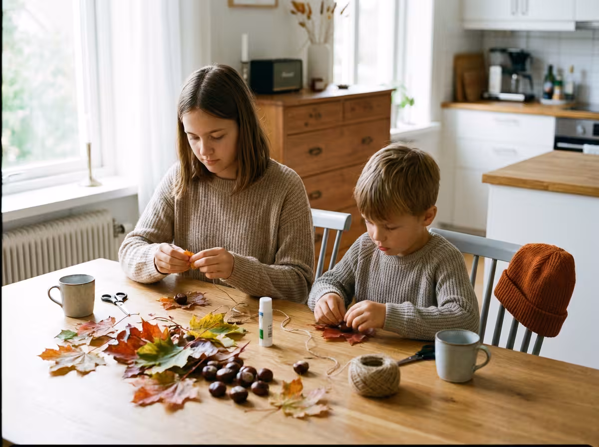 Barn pysslar med höstlöv och kastanjer vid ett köksbord