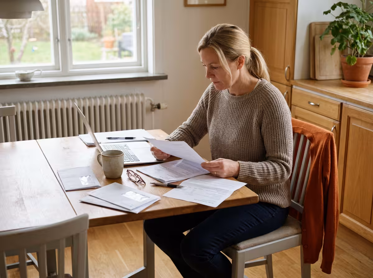 Förälder och tonåring sitter vid köksbordet och går igenom papper om underhållsbidrag