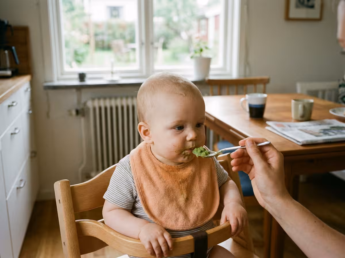 En bebis på 6 månader sitter i matstol och smakar på mosade grönsaker från en sked