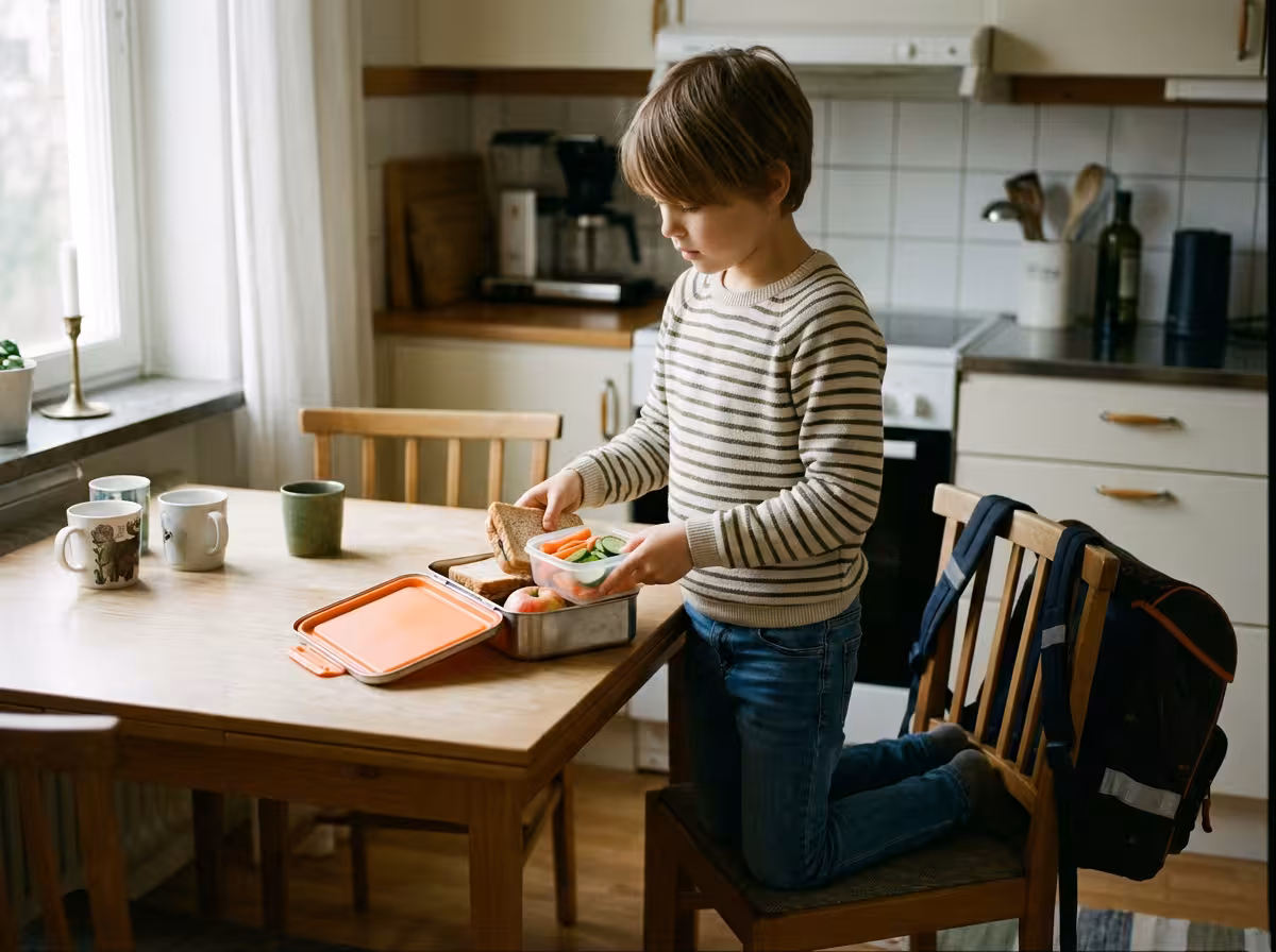 Barn packar sin matlåda med grönsaker, smörgås och frukt inför skoldagen