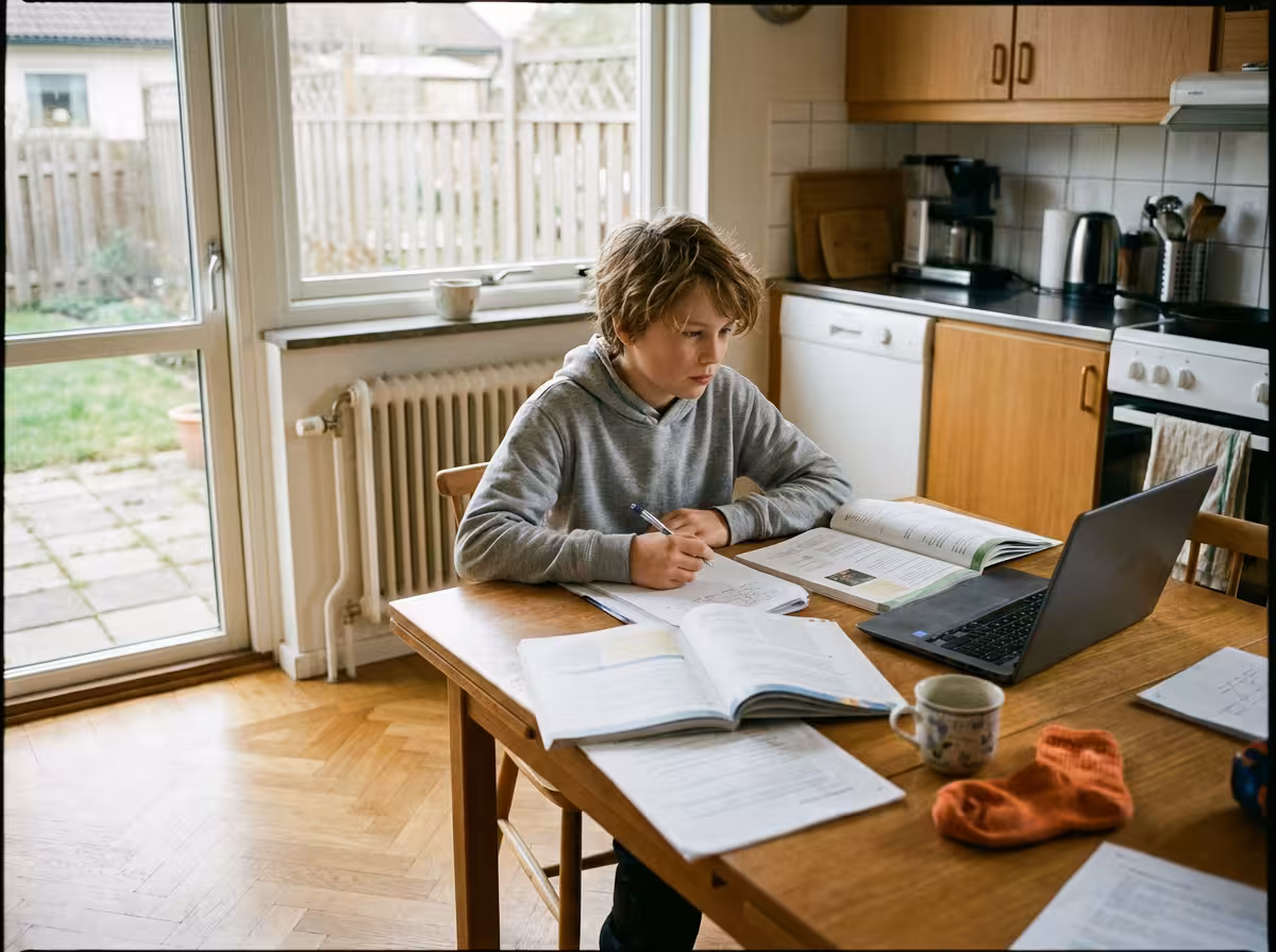 En elev i årskurs 6 sitter vid köksbordet och pluggar inför nationella proven