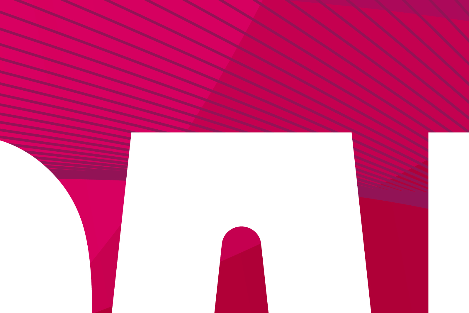 Nahaufnahme eines grafischen Designs mit dicken weißen Buchstaben auf einem roten Hintergrund mit diagonalen Linien.