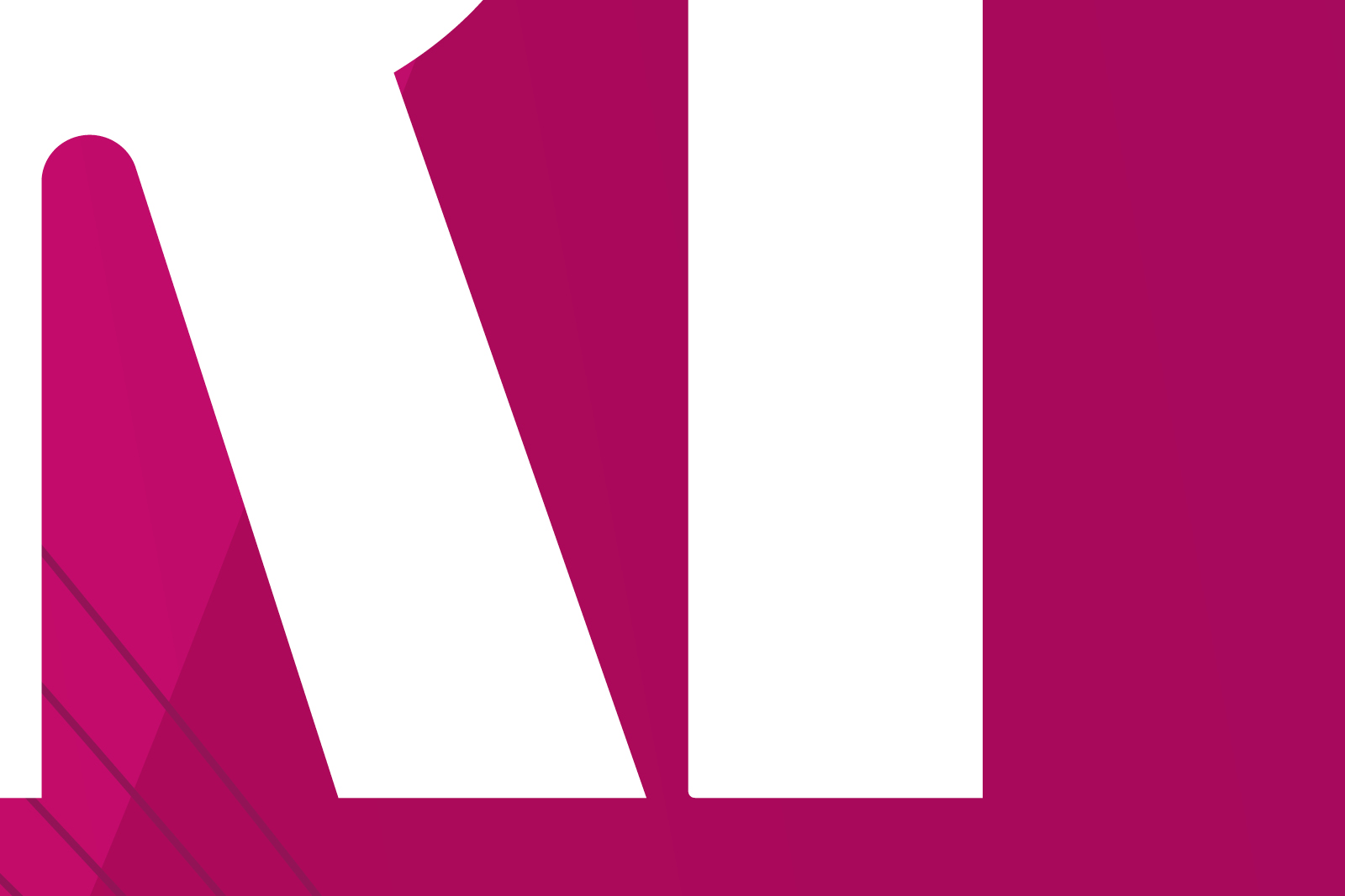 Nahaufnahme eines großen weißen Buchstabens 'N' auf leuchtend pinkfarbenem Hintergrund mit diagonalen Linien im unteren linken Bereich.