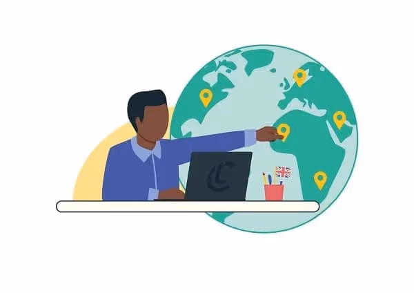 infographie d'un bonhomme travaillant sur une planche de travail sur ordinateur et montrant une planète