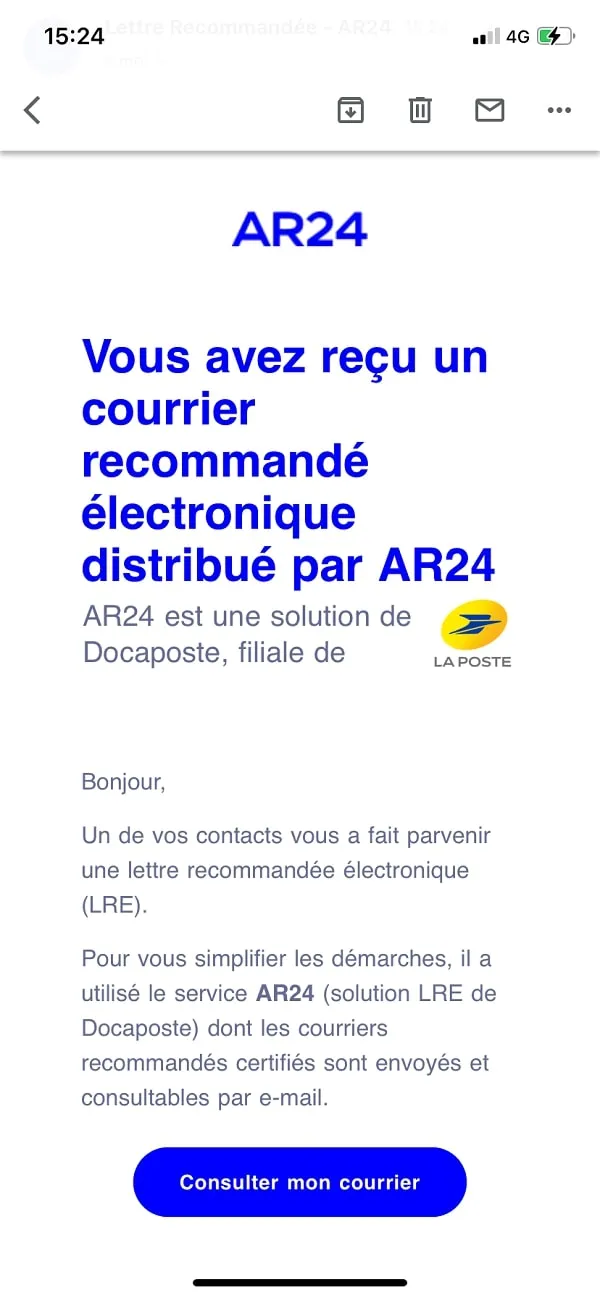 capture d'écran de la page vous avez reçu un courrier recommandé électronique