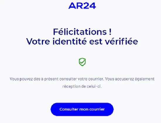 capture d'écran de la page "félicitations votre identité est vérifiée"