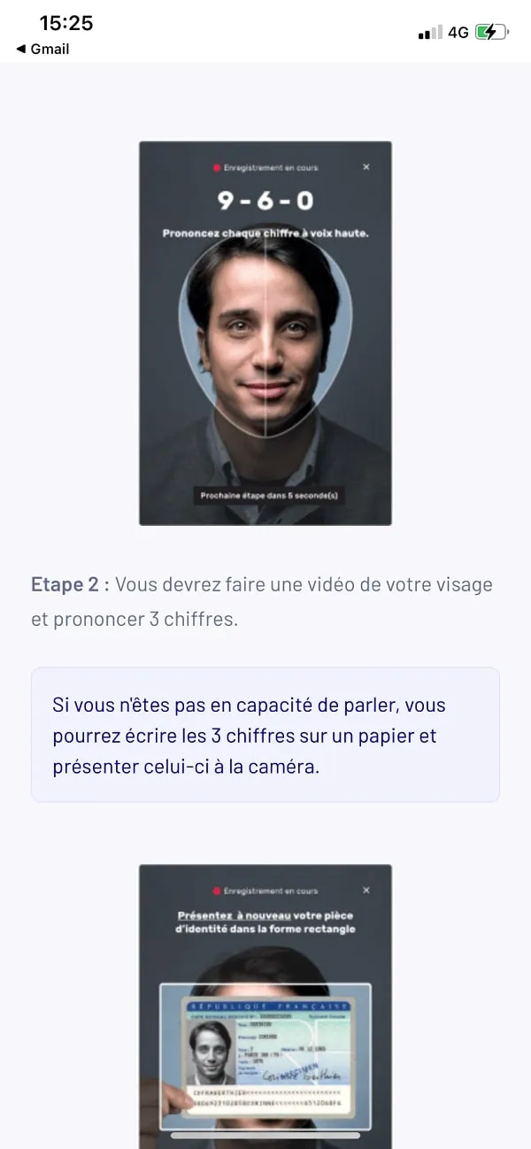 Capture d'écran de l'étape dans laquelle il faut filmer le visage pour vérifier l'identité