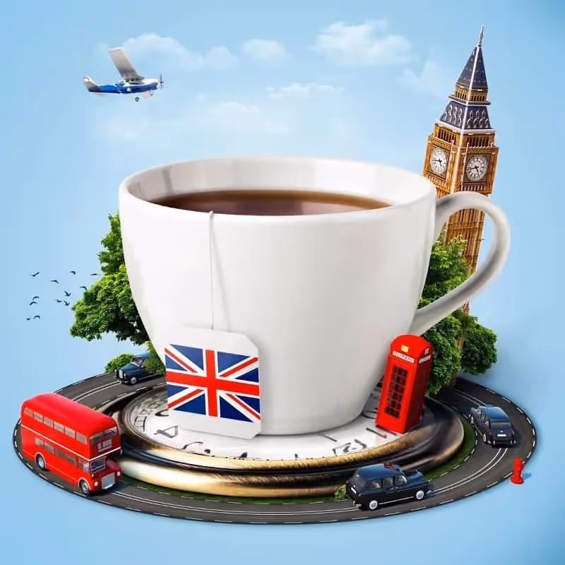 tasse de thé britanniques avec autres symboles british tels que le bus rouge, le big ben, la cabine téléphonique rouge
