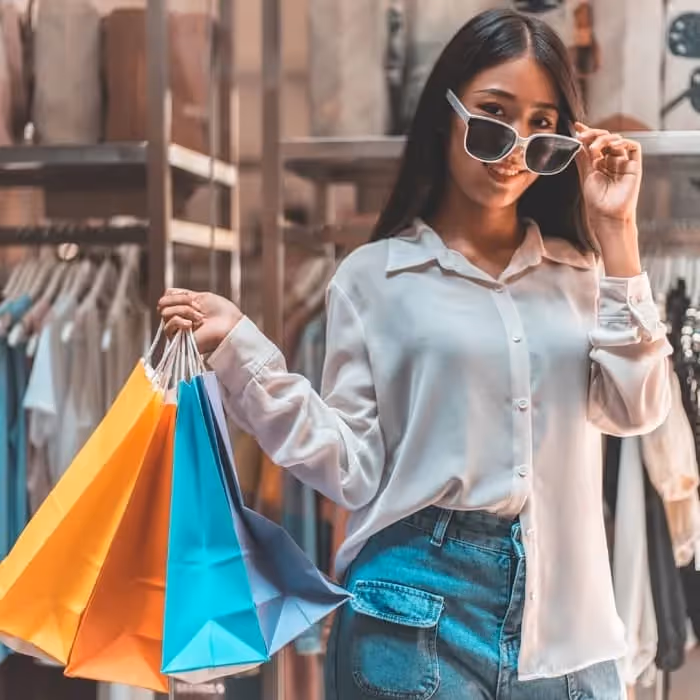 femme qui marche avec des sacs de shopping en main