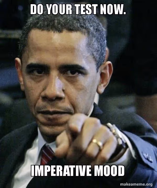 Meme de Barack Obana "Do your test now. Imperative mood"