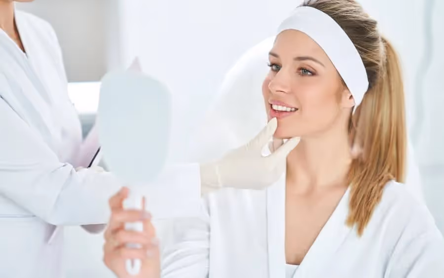 Cliente qui découvre le résultat final de son soin de beauté de la peau