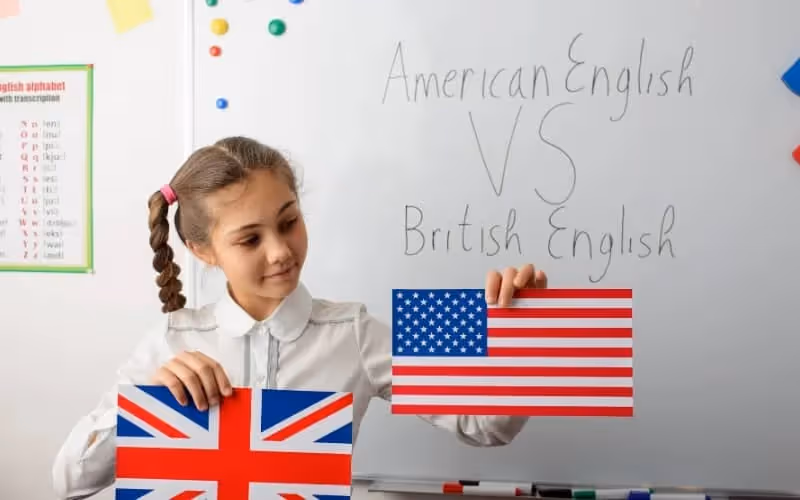 Elève dans une salle de classe qui tient deux drapeaux dont celui de l'Angleterre et celui américain aqvec un tableau blanc derrière sur lequel il est écrit "american english vs british english)