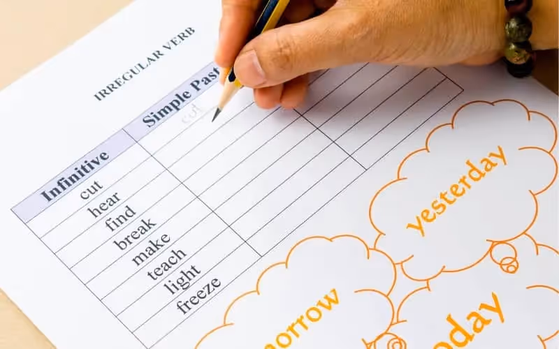 feuille d'exercices montrant des verbes irréguliers d'anglais