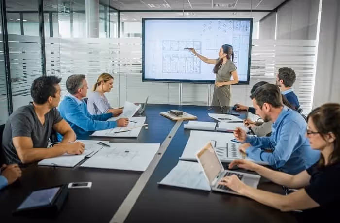 femme qui fait une présentation de son entreprise en anglais devant un groupe de collaborateurs