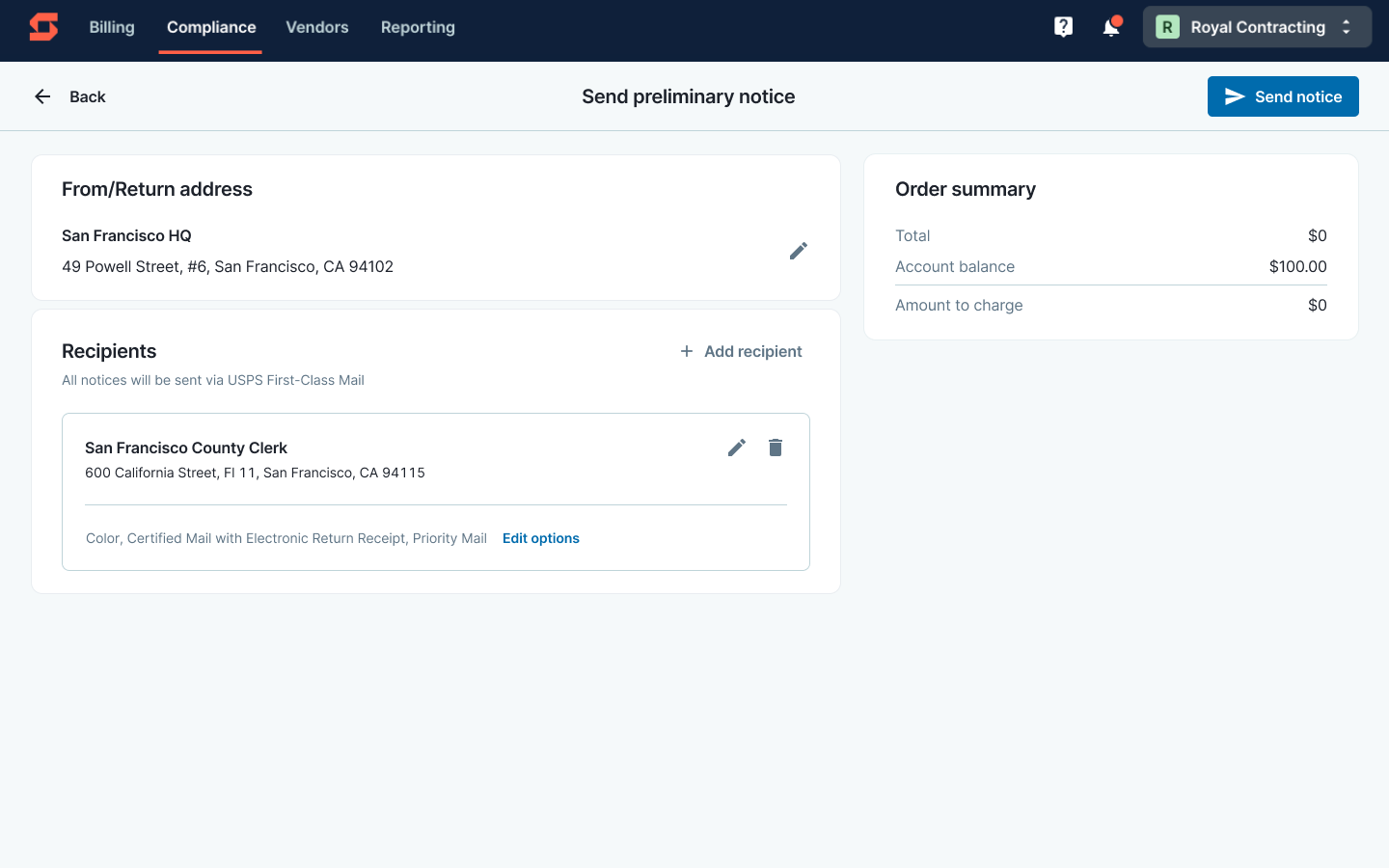 Send lien notices via certified mail