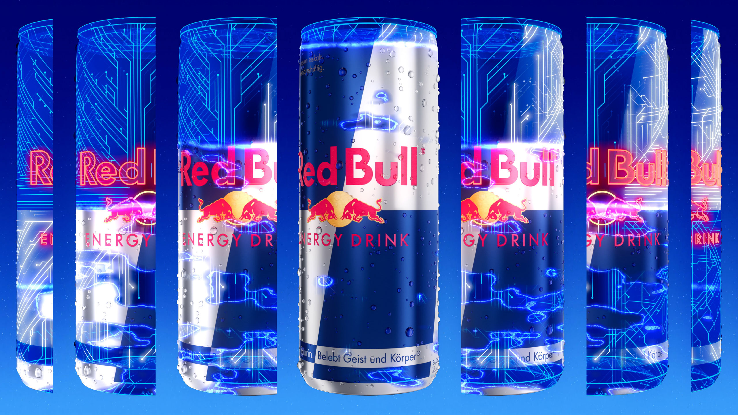 A mosaic of Red Bull 3D cans cyberpunk style
