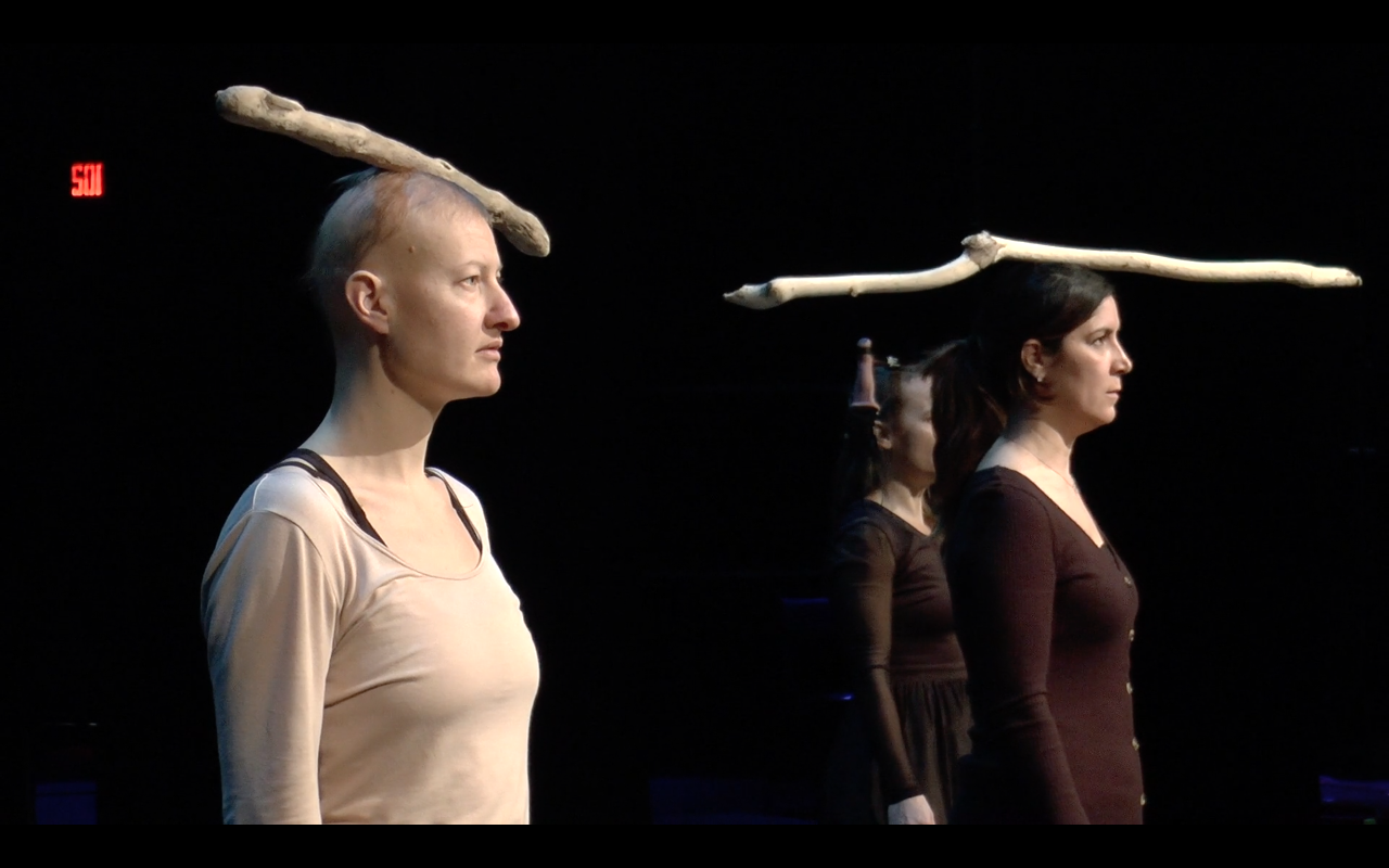 Image de profil de trois artistes se tenant en triangle et regardant fixement, sans expression, vers le public. Ils tiennent en équilibre une courte branche épaisse sur leur tête.