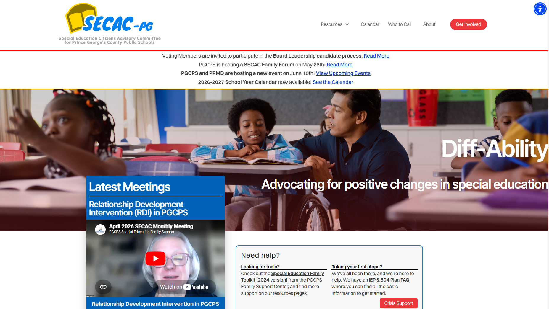 special education website front page screenshot