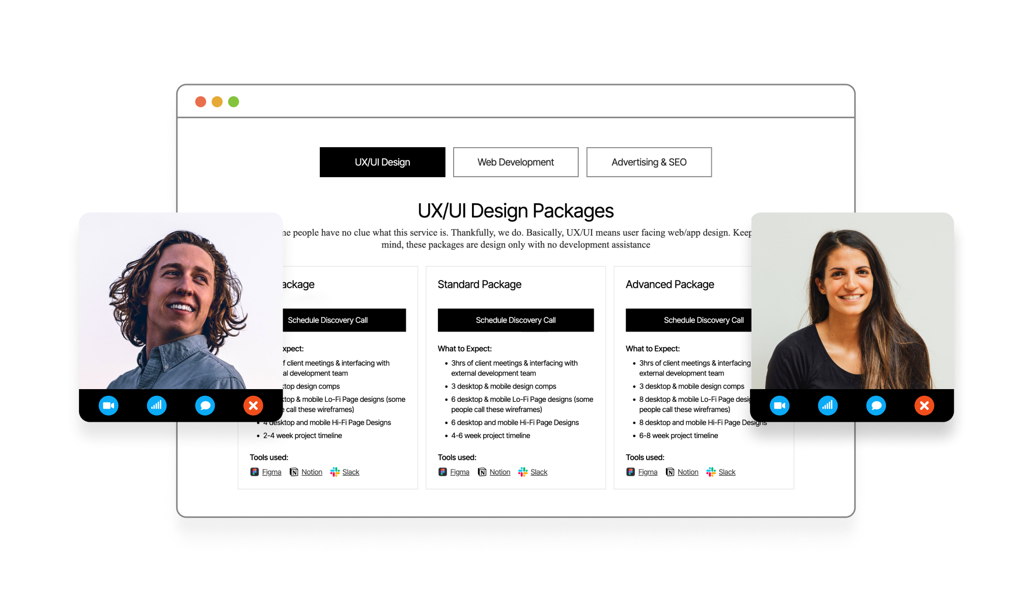 A UX/UI discovery call example featuring the key service packages.