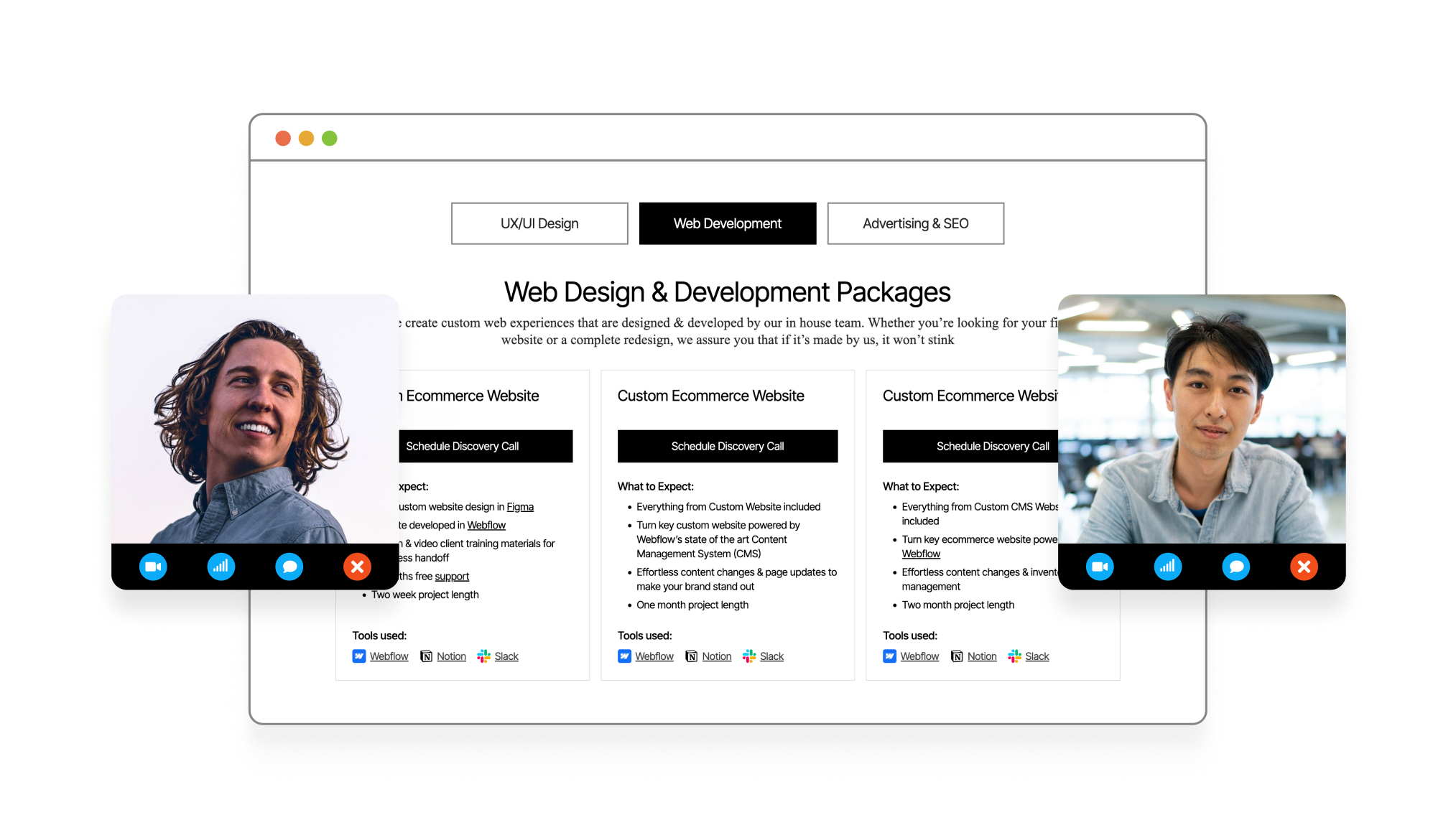 A Web Development discovery call example featuring the key service packages.