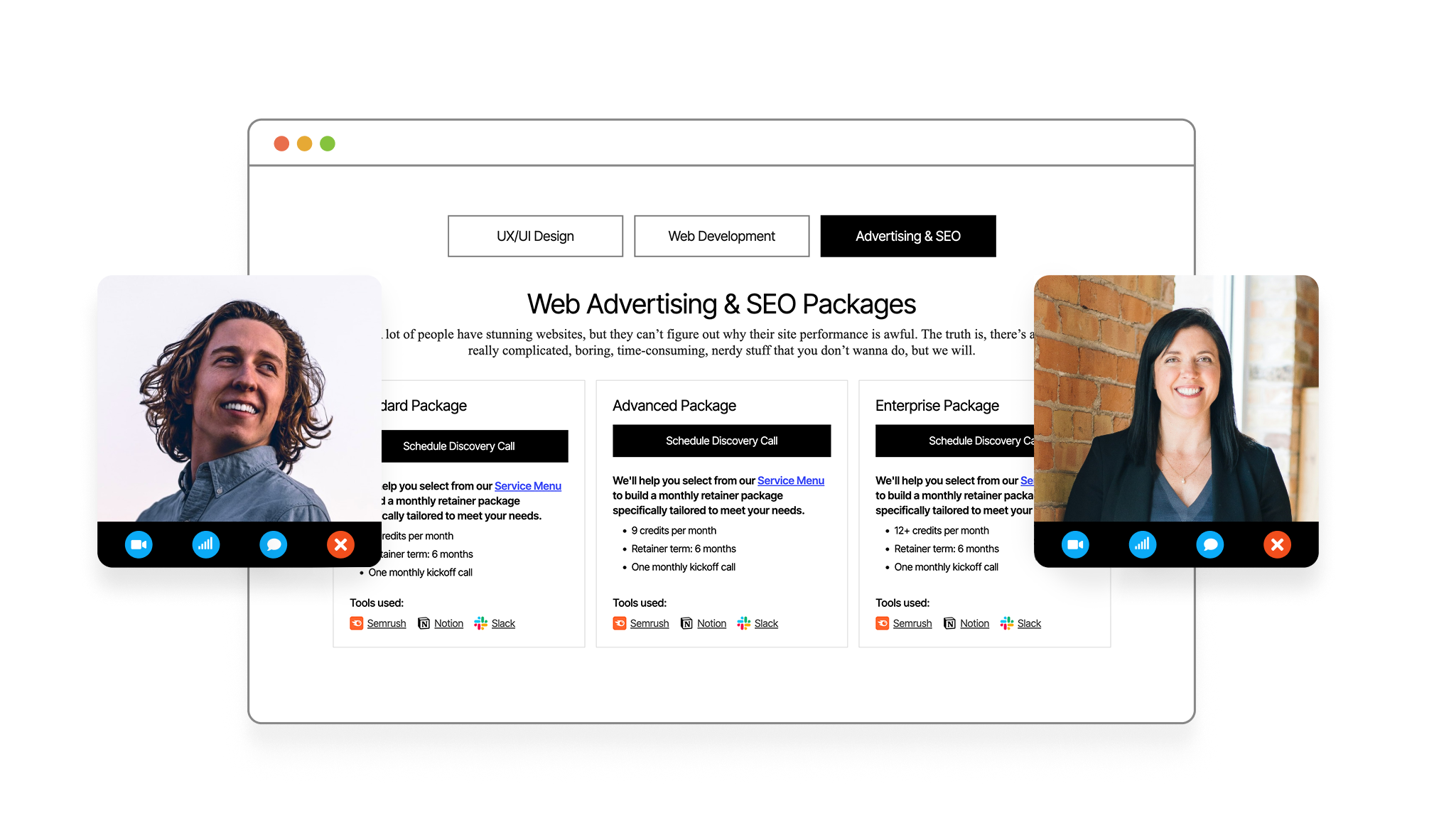 An Advertising & SEO discovery call example featuring the key service packages.