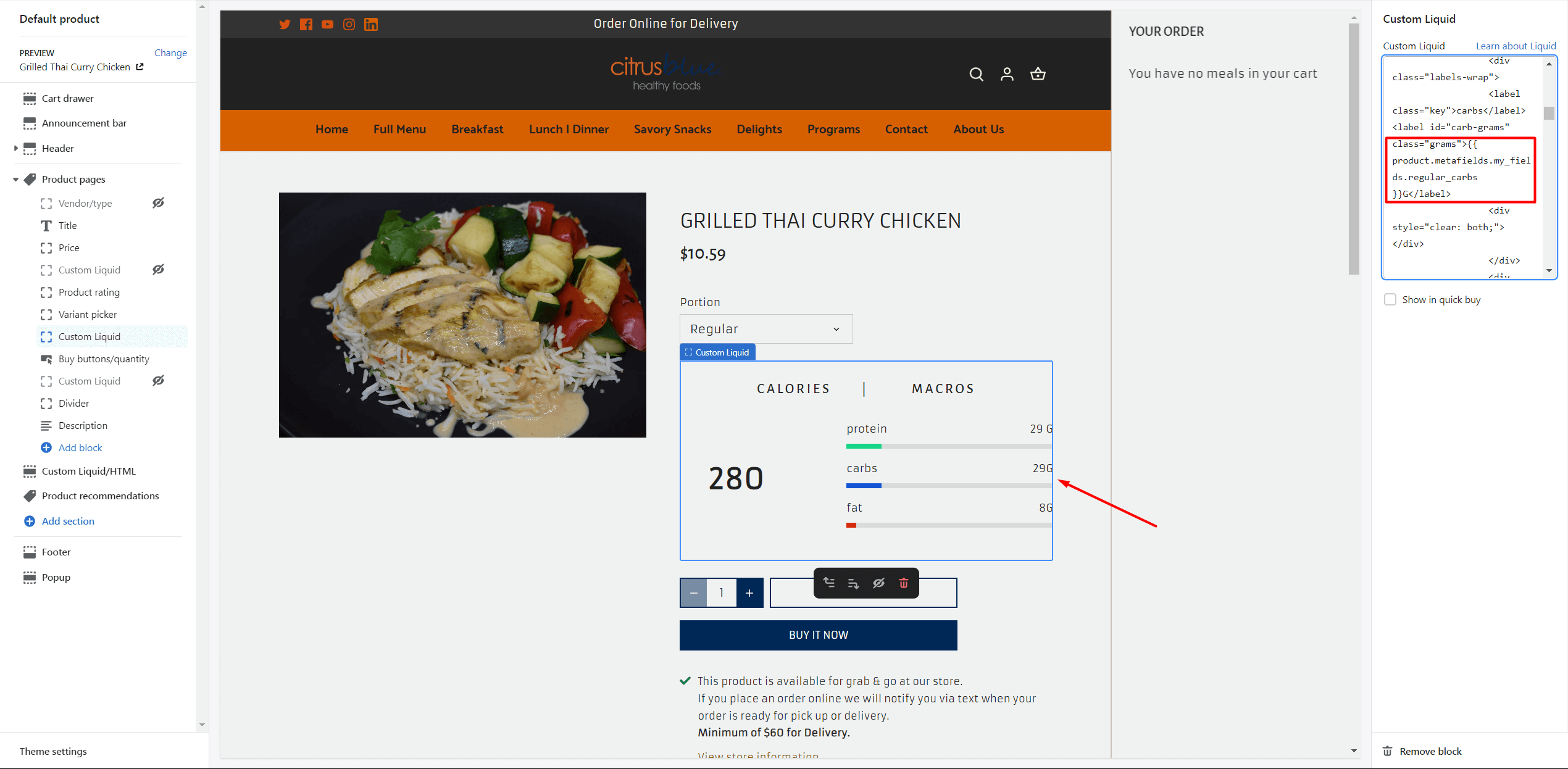 product page displaying metafields