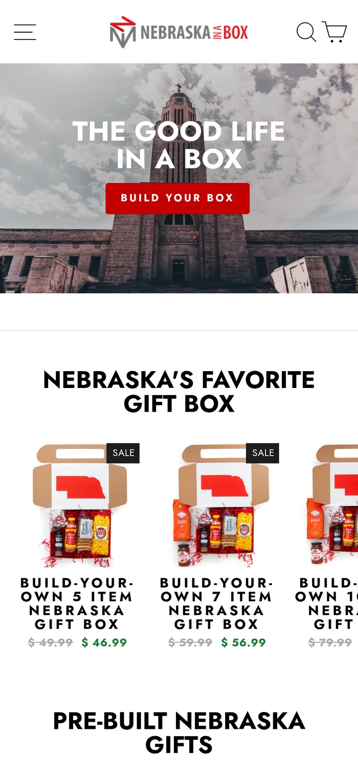 Nebraska in a Box homepage after the Impulse theme rebuild, mobile
