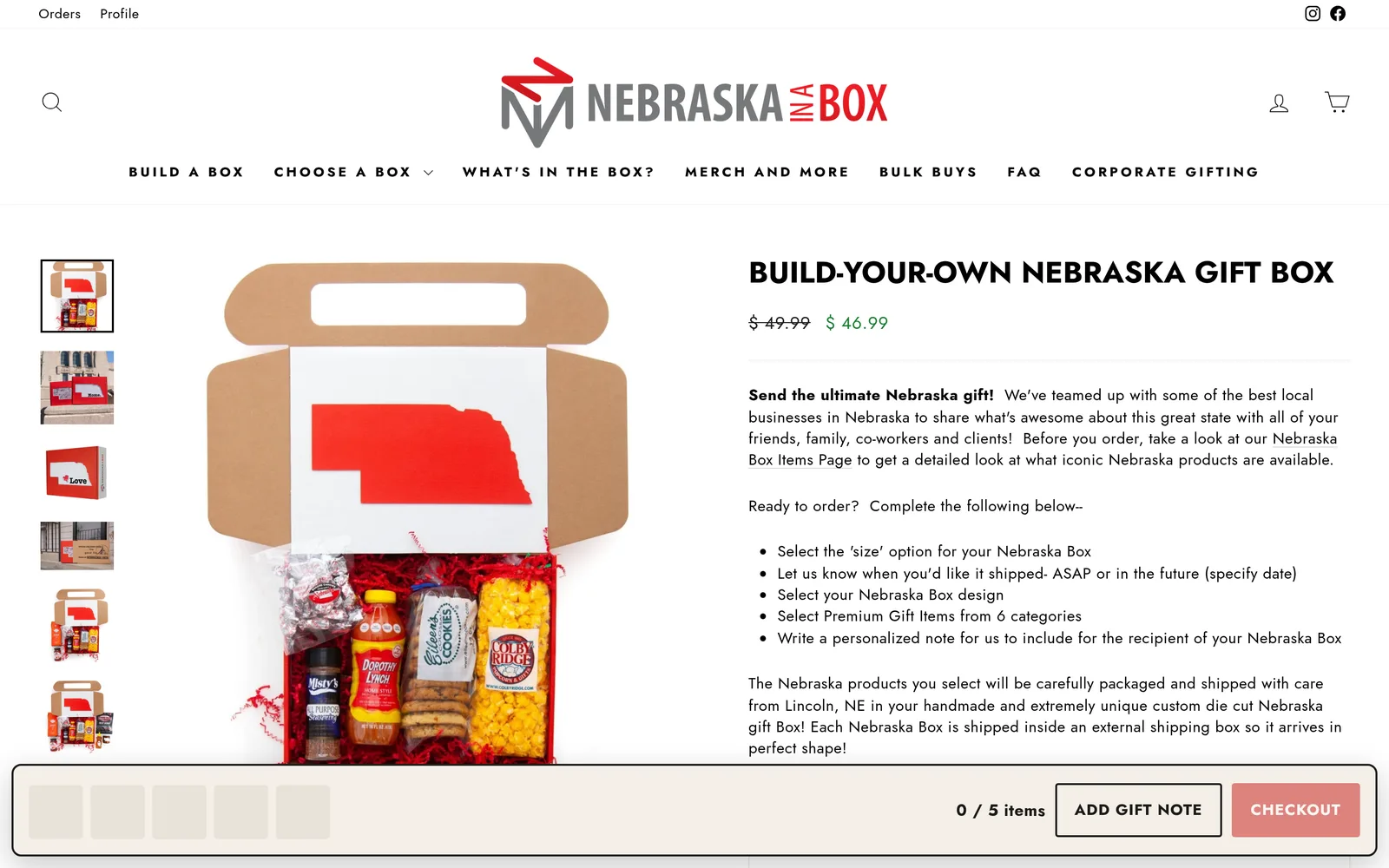 Nebraska in a Box Build Your Own gift box page after the rebuild, desktop