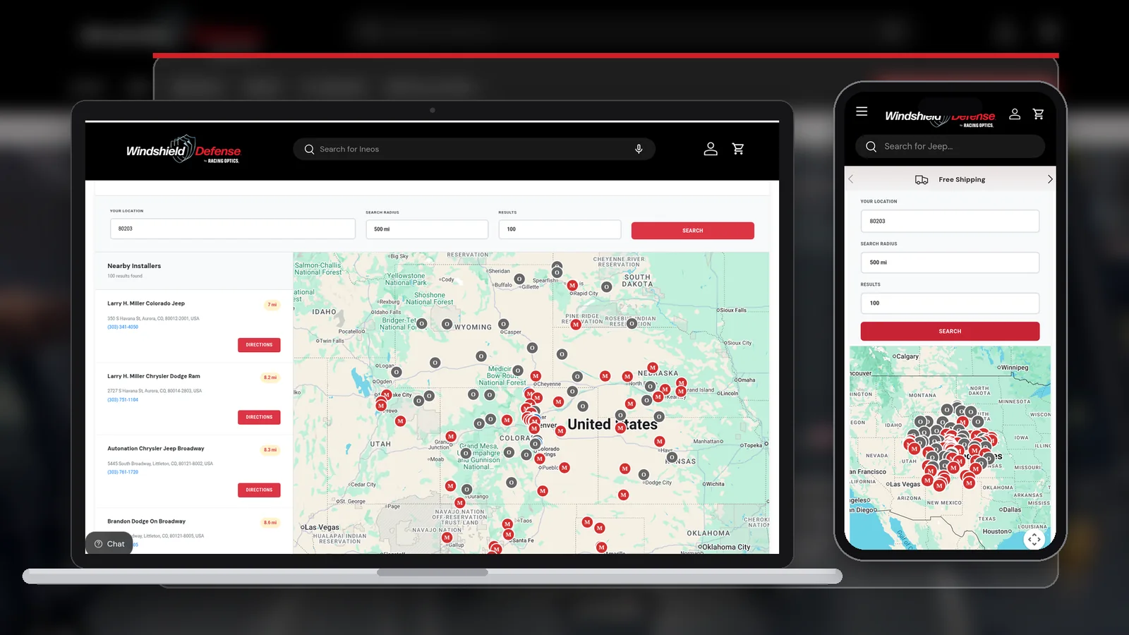 Windshield Defense custom Shopify dealer locator on desktop and mobile