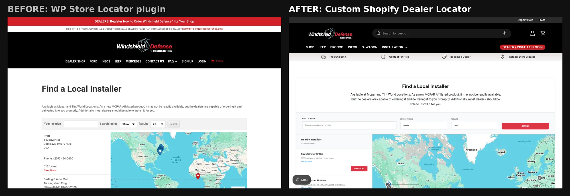 Windshield Defense installer locator before and after: the WordPress store locator plugin next to the custom Shopify dealer locator