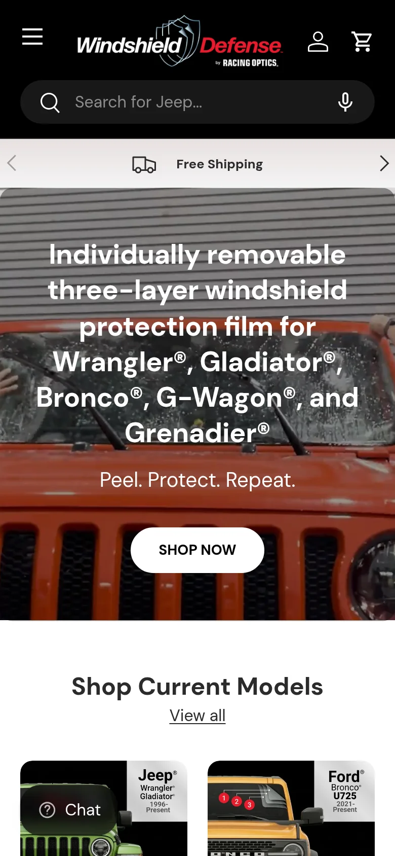 New Windshield Defense homepage on mobile with search and a video hero