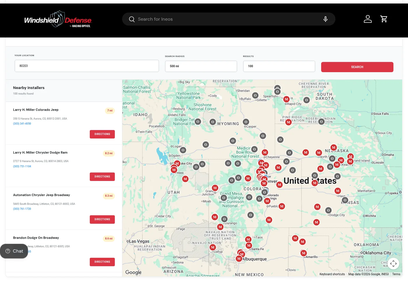 New Windshield Defense dealer locator after a search for ZIP 80203, showing nearby installers sorted by distance and Mopar pins on the map