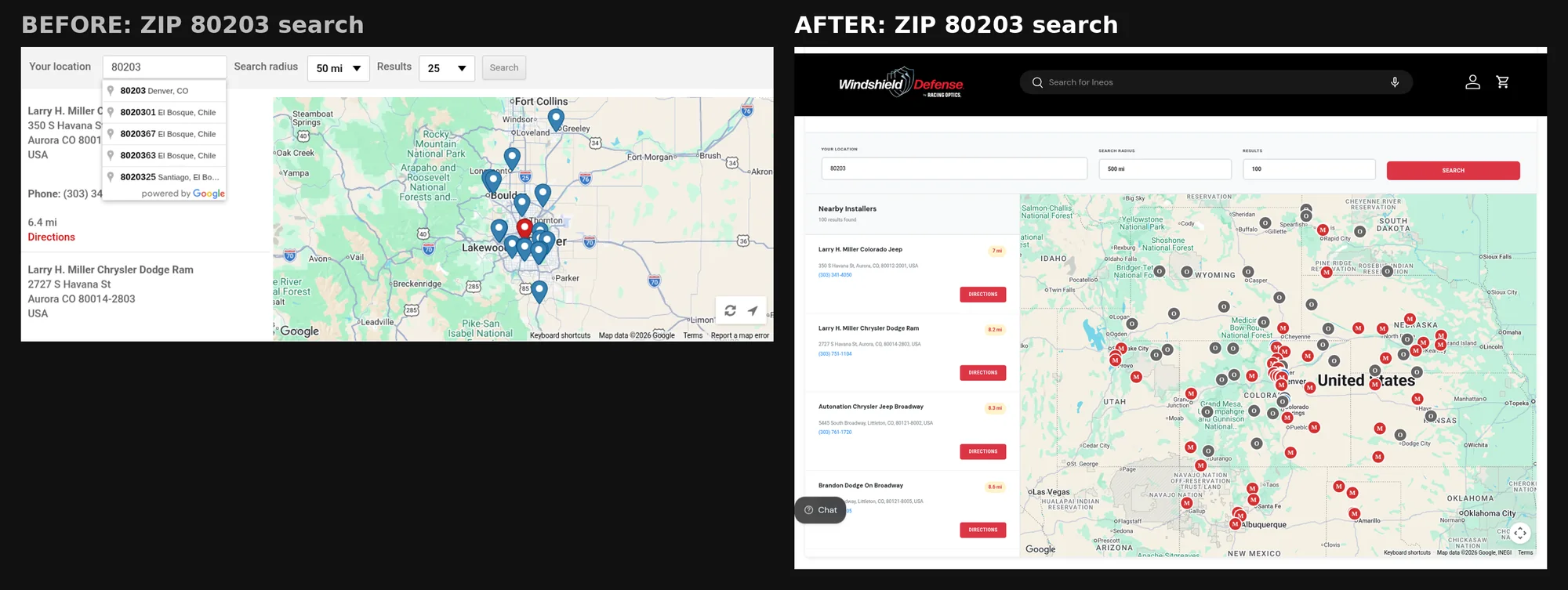 Windshield Defense locator search for ZIP 80203 on the old WordPress plugin and on the new Shopify locator