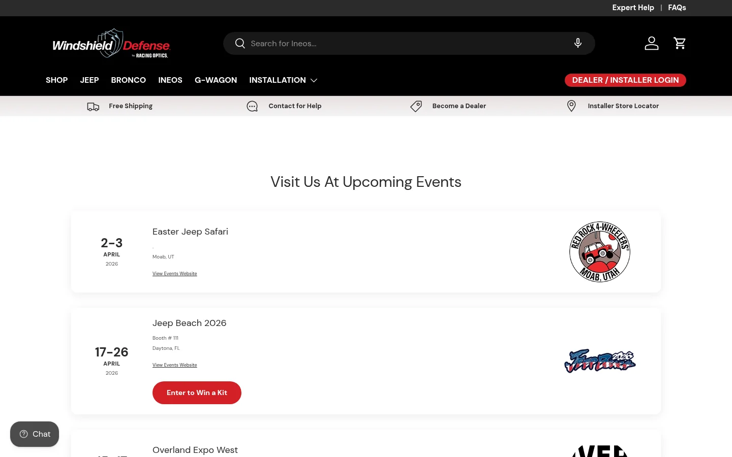 New Windshield Defense events page listing upcoming Jeep events with dates and locations