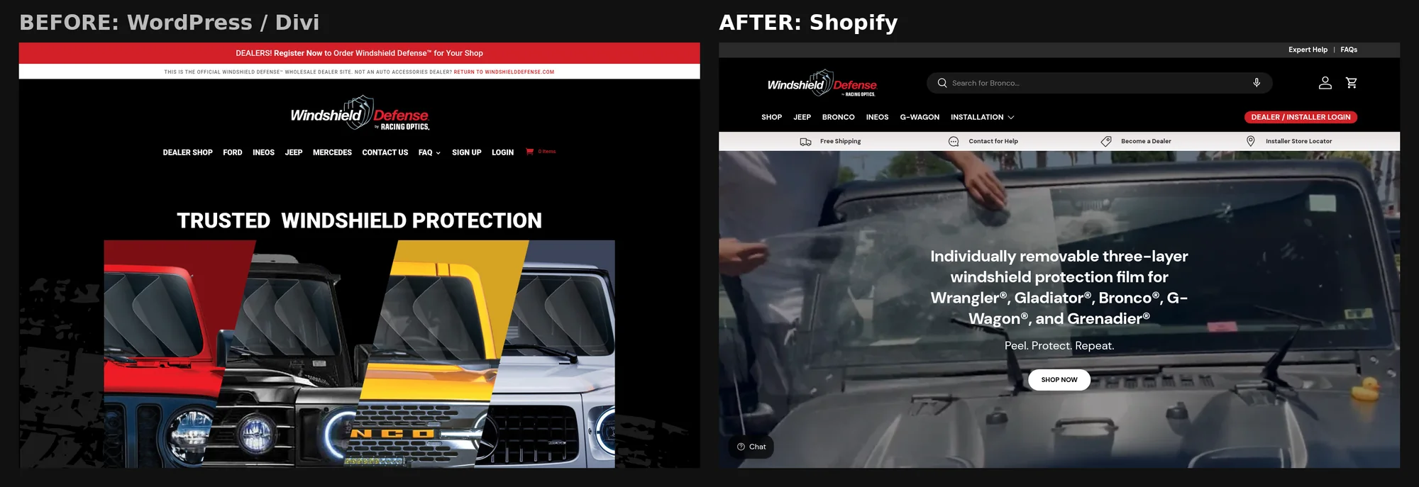 Windshield Defense homepage before and after: the legacy WordPress and Divi layout next to the new Shopify Enterprise theme