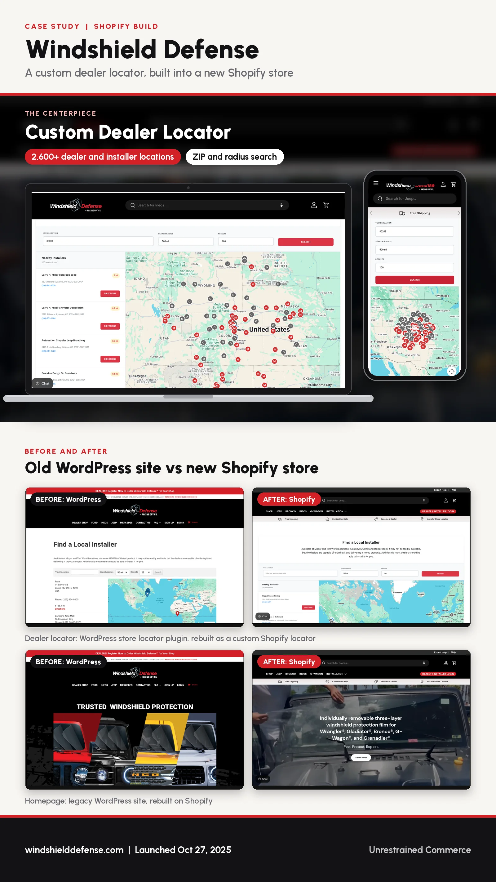 Windshield Defense case study overview graphic showing the custom dealer locator and before and after views of the locator and homepage