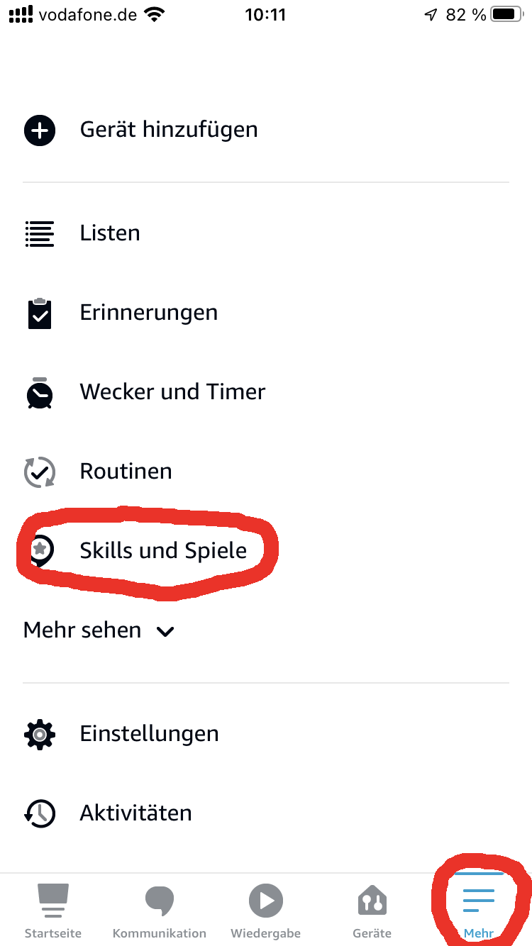 Skills und Spiele im Alexa-Menü