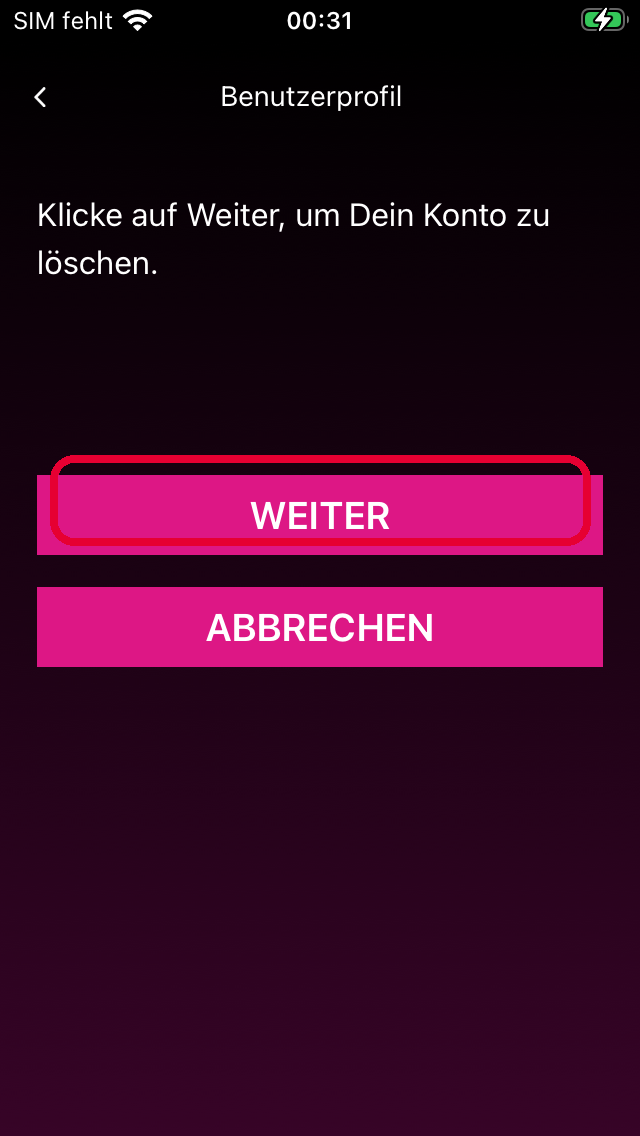 Bestätigungs-Screen mit Weiter-Button
