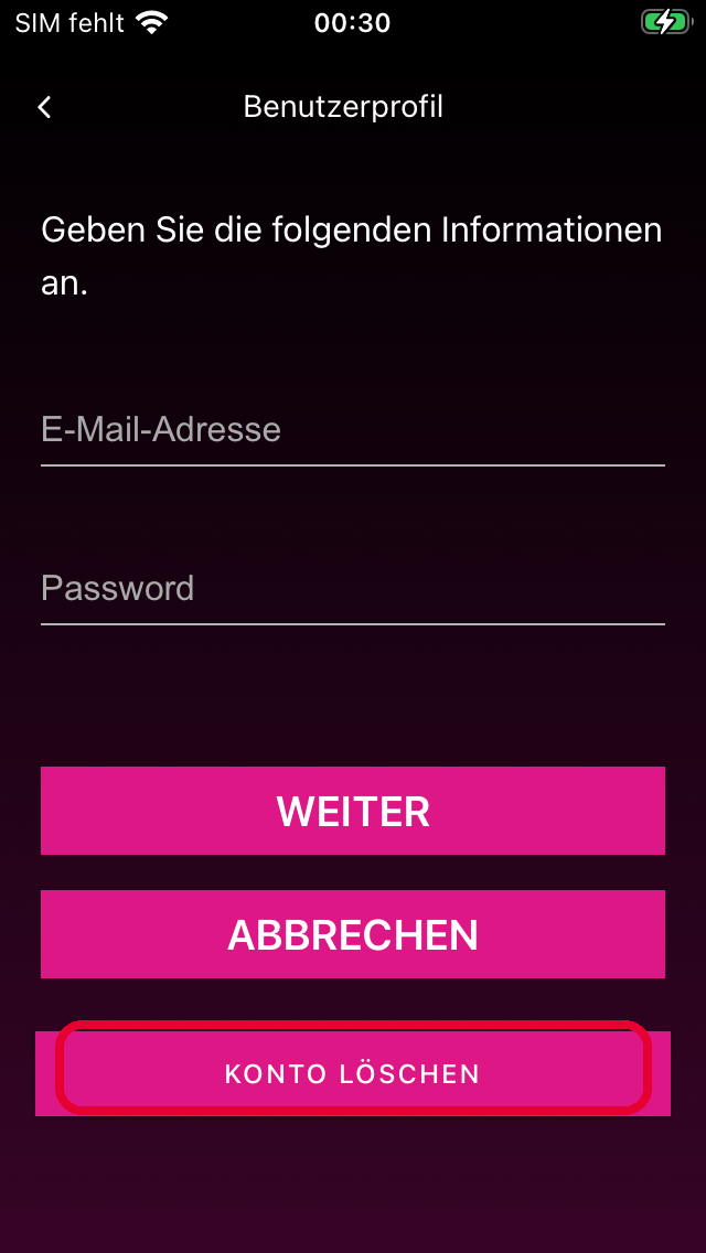 Benutzerprofil mit Konto-Löschen-Button