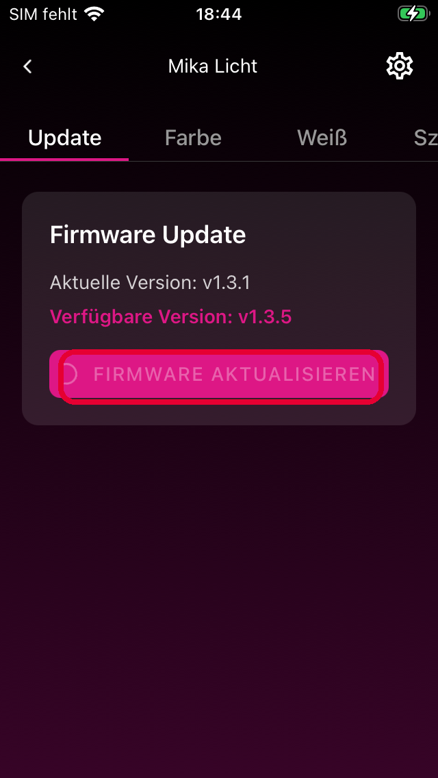Update-Tab mit Versionsinfo und Aktualisieren-Button