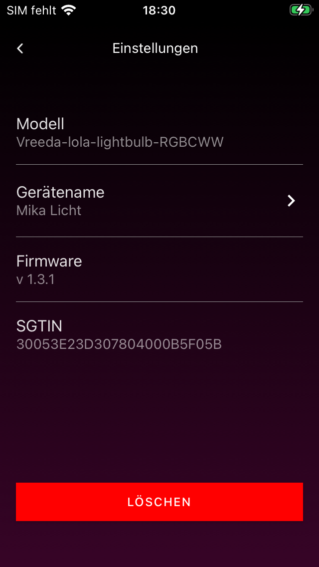 Einstellungen mit rotem Löschen-Button