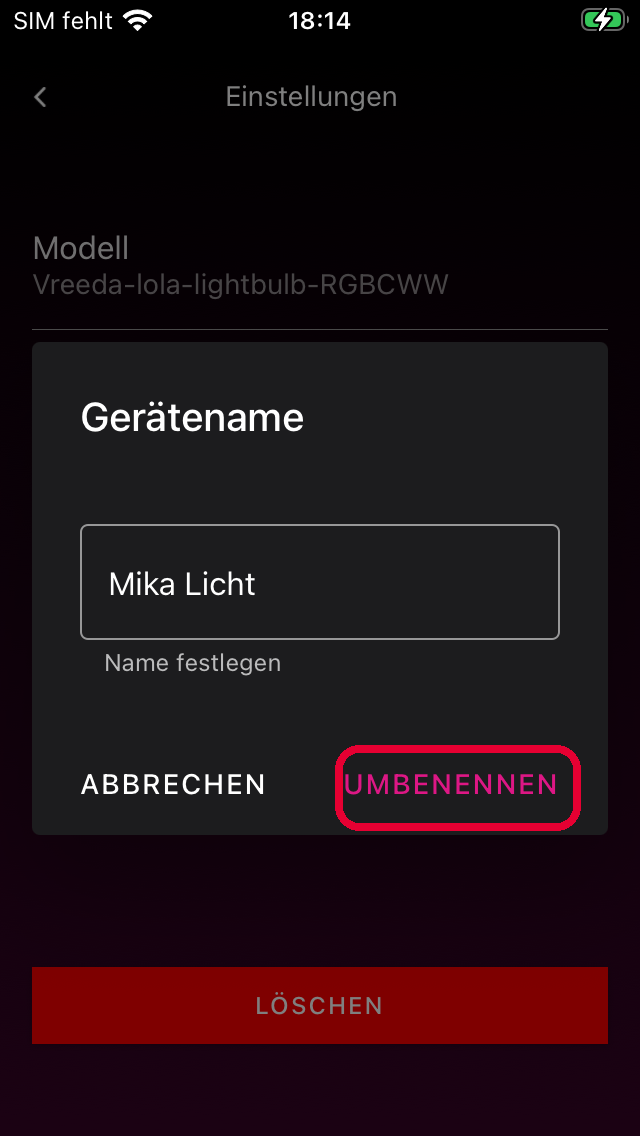 Dialog zum Umbenennen der Lampe