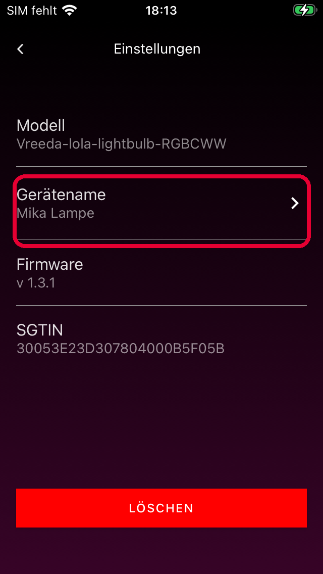 Einstellungen mit Gerätename-Eintrag